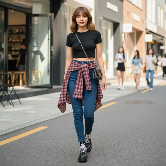 Source Unknown Dresses & Skirts - 🔥 Tie Waist Skirt Faux-Sleeve Red Plaid Korean Streetwear